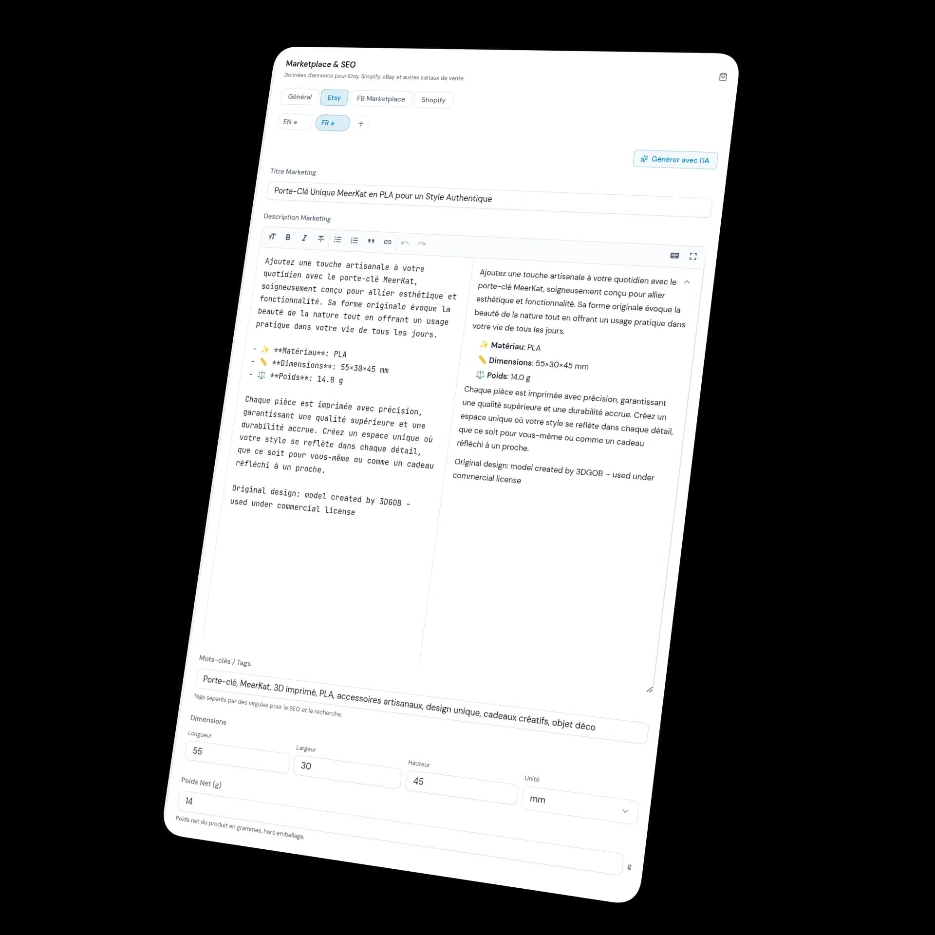 Mockup: Marketplace card — SEO + descriptions per language